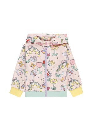 Giacca rosa con cappuccio per bambini con stampa colorata di fiori e insetti, zip lavanda, polsini gialli e fascia in vita azzurro chiaro.