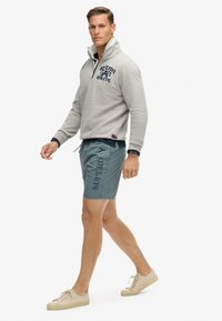 Grijze zip-up sweatshirt met atletische branding, gecombineerd met teal shorts met een logoprint. Beigekleurige sneakers maken de look af.