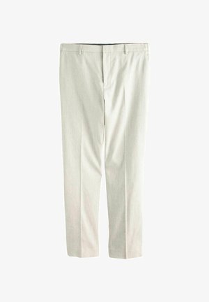 Hellbeige formale Hose mit Gürtelschlaufen und Vorderreißverschluss, flach auf weißem Hintergrund liegend dargestellt.