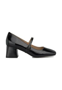 Bottines Mary Jane en cuir verni noir avec un bout carré et un talon épais, présentant une fine sangle avec un détail de boucle ronde.
