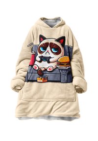 Beige fleece oversized hoodie featuring a cartoon cat with blue eyes, holding a game controller, surrounded by a burger and drink illustrations.