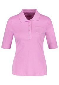 Ljusrosa kortärmad polo med krage, fyra knappar och en liten bröstficka på en vit bakgrund.