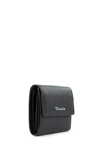 Black leather wallet with a textured finish, fold-over design, and silver logo accent. Compact shape with multiple card slots inside.
