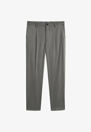 Grijze broek met een gladde textuur, voorzien van een knoopsluiting, elastische tailleband en twee zijzakken. Op maat gemaakte ontwerp met plooien.