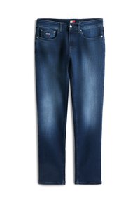 Ciemnoniebieskie dżinsy z długimi nogawkami o prostym kroju, wyposażone w przednie kieszenie, subtelne przetarcia oraz tkowaną metkę na pasku od spodni.
