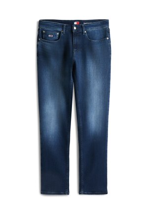 Ciemnoniebieskie dżinsy z długimi nogawkami o prostym kroju, wyposażone w przednie kieszenie, subtelne przetarcia oraz tkowaną metkę na pasku od spodni.