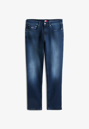 Ciemnoniebieskie dżinsy z długimi nogawkami o prostym kroju, wyposażone w przednie kieszenie, subtelne przetarcia oraz tkowaną metkę na pasku od spodni.