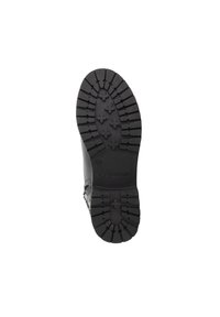 Black boot sole with a rugged tread design, featuring deep grooves and patterned grips for traction. Marked with size 39 and logo.