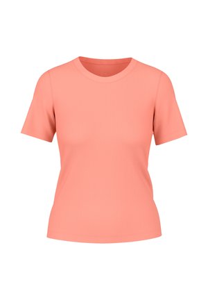Short-sleeve coral pink ribbed knit crew neck women's fitted t-shirt on a white background.