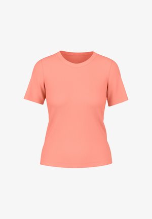 Short-sleeve coral pink ribbed knit crew neck women's fitted t-shirt on a white background.