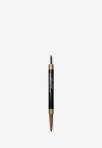 Ołówek do brwi Revlon Colorstay z ciemnobrązowym końcem, czarną obudową i przezroczystą nakrętką. Posiada spiralny pędzelek na jednym końcu do stylizacji.