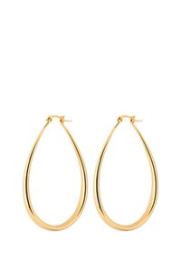 Guldtonede metal dråbeøreringe med en glat, strømlinet finish og en hængsel-lukning. Har en forlænget, buet form for et moderne udseende.