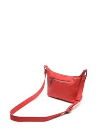 Borsa a tracolla rossa in pelle con finitura testurizzata, tasca frontale con zip e tracolla regolabile. Design compatto adatto all'uso quotidiano.