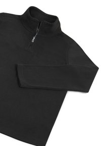 Sort fleece-pullover med høj krave, halvlukket lynlås og lange ærmer. Blød tekstur med glat finish; enkelt, udekoreret design.