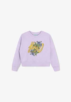Sweatshirt court lilas avec un motif floral, comprenant des fleurs bleues et un texte jaune indiquant "Kenzo Paris." Texture douce avec des poignets et un ourlet côtelés.
