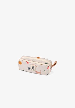 Pencil case in cream fabric with colorful animal, sun, and heart patterns. Features a zipper closure and a brown leather accent on the side.