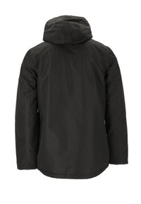 Zwarte, waterdichte jas met een capuchon, voorzien van een gladde textuur, een rechte snit en zonder zichtbare hardware of patronen aan de achterkant.