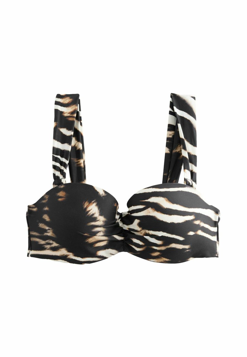 Čierno-biely prúžkovaný bikiny top vyrobený z hladkej tkaniny. Má formované košíčky, nastaviteľné ramienka a skroucený predný dizajn.