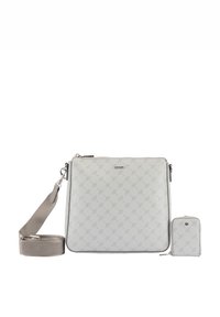 Szara skórzana torba na ramię z tłoczonym wzorem, zamkiem błyskawicznym, regulowanym paskiem oraz dołączonym dopasowanym małym portfelem.