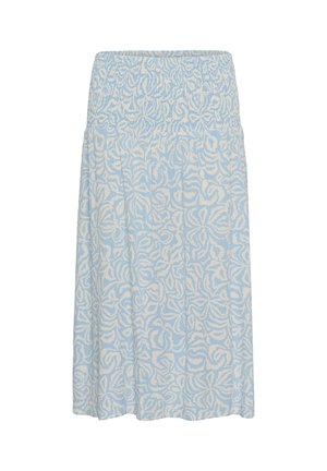 Világoskék és fehér középhosszúságú szoknya rugalmas, ráncolt derékrésszel és absztrakt, forgó mintával.