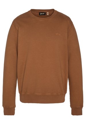 Sweat-shirt marron à manches longues à col rond, avec poignets et ourlet côtelés, avec un petit logo Schott sur la poitrine gauche.