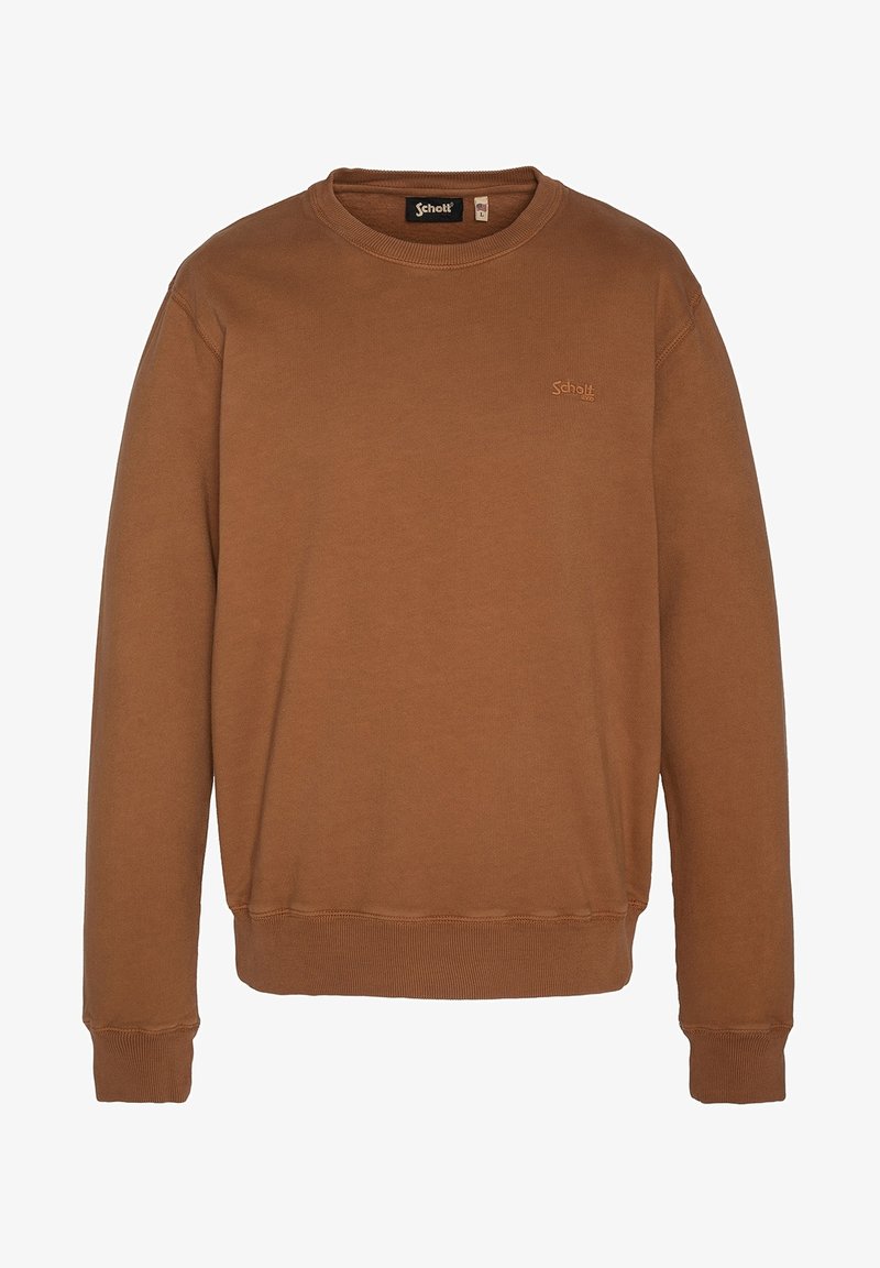 Sweat-shirt marron à manches longues à col rond, avec poignets et ourlet côtelés, avec un petit logo Schott sur la poitrine gauche.