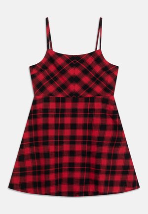 Rotes und schwarzes kariertes ärmelloses Kleid mit dünnen Trägern und tailliertem Oberteil, mit ausgestelltem Rock und kariertem Muster.