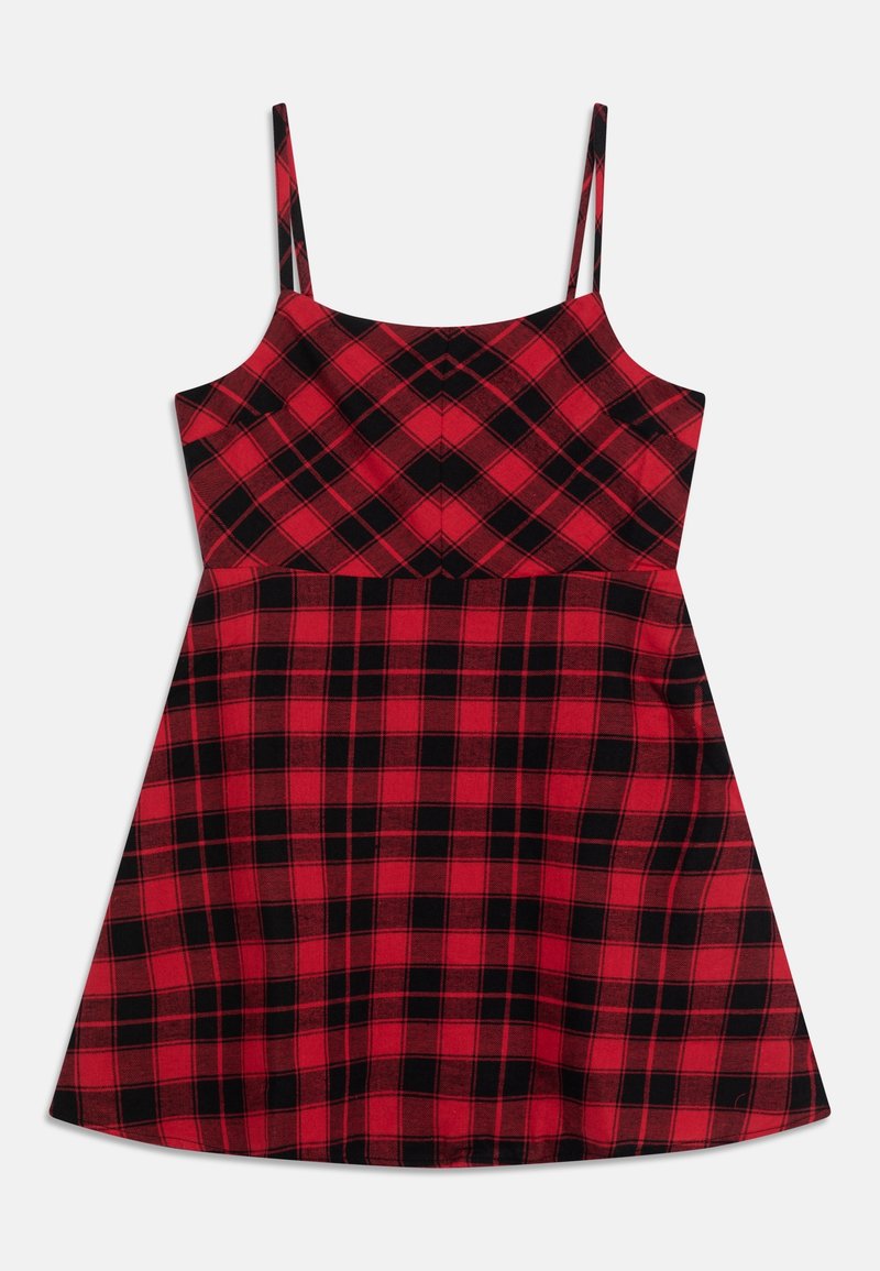 Robe sans manches en tartan rouge et noir avec fines bretelles et corsage ajusté, dotée d'une jupe évasée et d'un motif à carreaux.