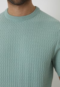 Lichtblauwe trui met korte mouwen, voorzien van een textuurpatroon in zigzag, ronde geribbelde halslijn en zacht breiwerk. Geschikt voor casual draag.