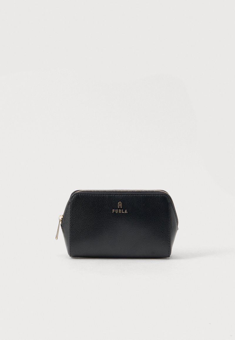 Black leather cosmetic pouch with a textured surface, gold hardware, and a zip closure. Features a logo embossed on the front.