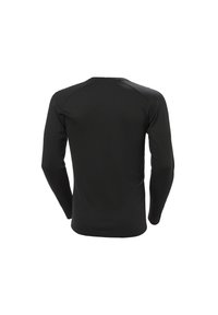 Zwarte langemouwen shirt van gladde, rekbare stof. Beschikt over een ronde hals en een getailleerd ontwerp met naadloze schouderdetails.