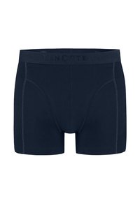 Boxer-briefs bleu marine foncé avec un design uni, ceinture élastique portant une marque discrète et des coutures contrastées le long des coutures.
