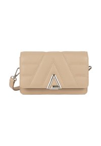 Borsa a tracolla in pelle beige con motivo geometrico trapuntato, rifiniture triangolari in metallo argentato e tracolla rimovibile.