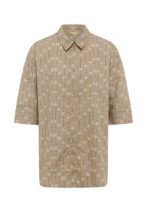 Lyhythihainen nappikiinnitteinen paita, jossa on pystysuuntainen mustavalkoinen kukkakuviollinen raita ja kaulus valkoisella taustalla.