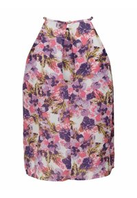 Blusa floral con un tejido transparente y patrones en rosa, púrpura y verde. Cuello alto con un cierre de botón en la parte posterior.