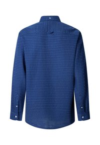 Long-sleeve shirt in dark blue fabric featuring a textured pattern with small vertical lines; classic collar and buttoned cuffs.