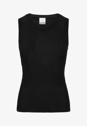 Črna brezrokavna majica iz rebraste pletenine; ima okrogel izrez in obliko, ki se prilega telesu. Na ovratniku je oznaka "ICHI".