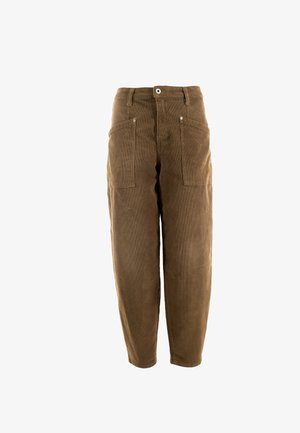 Pantaloni in corduroy marroni con una vestibilità comoda, caratterizzati da due tasche frontali e due tasche posteriori. Texture liscia e design classico.