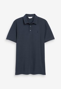 Navyblaues Polohemd aus Baumwolle mit kurzen Ärmeln, Knopfleiste mit drei Knöpfen und kleinem schwarzen Logo auf der Brust. Weicher Stoff.