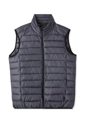 Gilet imbottito senza maniche di colore grigio scuro, con colletto alto, motivo a cucitura orizzontale, zip frontale e tasche laterali. Materiale sintetico leggero.