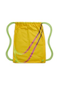 Sac à cordon jaune avec cordons verts, présentant une texture lisse et brillante et des rayures diagonales courbes roses et violettes.