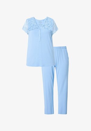 Jasnoniebieski zestaw piżamowy z krótkim rękawem, ozdobiony koronkowymi akcentami, okrągłym dekoltem i detalem z guzików, w komplecie z spodniami na elastycznej talii.