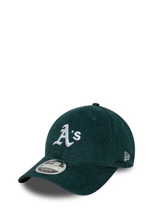 Dark green corduroy baseball cap with a white embroidered "A's" logo on the front and a curved brim. Features a snapback closure and textured finish.