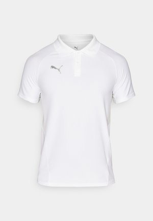 Weißes Polohemd aus leichtem Stoff mit klassischem Kragen und kurzen Ärmeln. Mit einem grauen Puma-Logo auf der linken Brust.