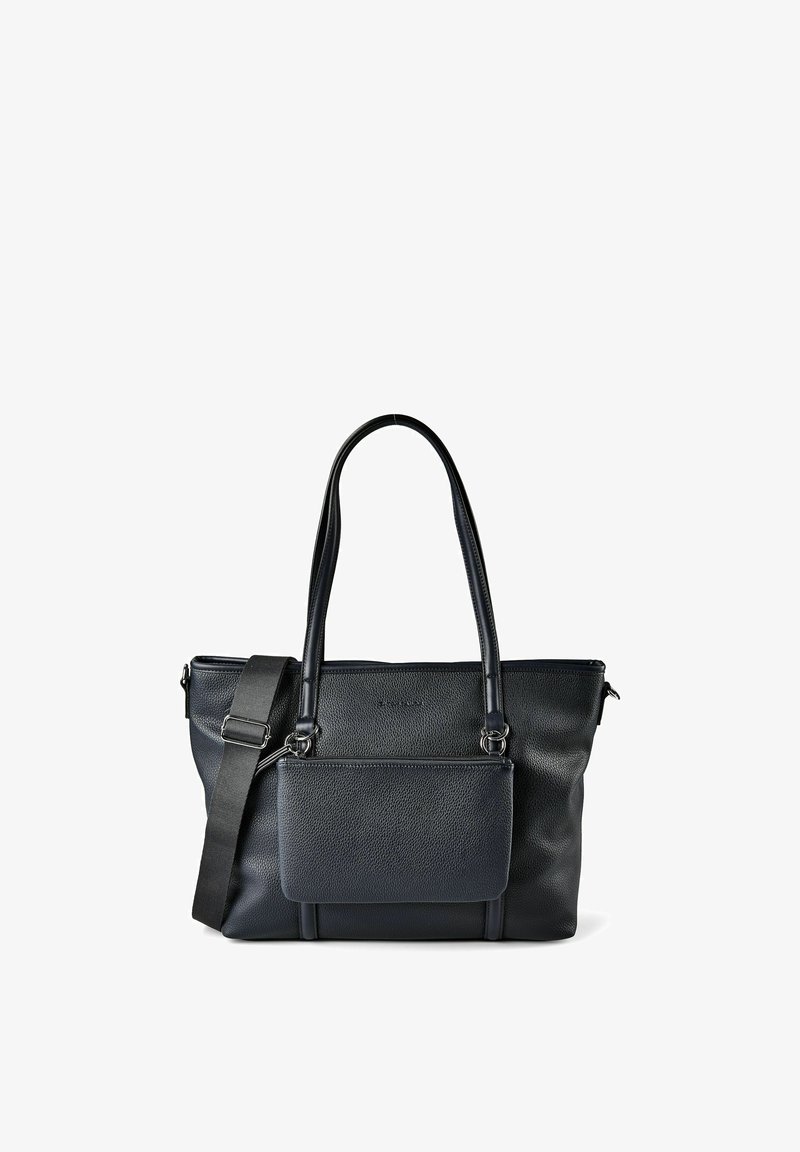 Sac fourre-tout en cuir noir avec deux anses d'épaule, une bandoulière réglable et une poche zippée à l'avant.