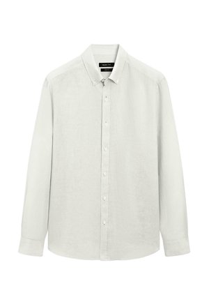 Jasnoszara koszula z długim rękawem na guziki, z kołnierzykiem i mankietami, wyłożona płasko na białym tle.
