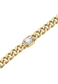 Gouden armband met schakels in afwisselende vormen en een rechthoekige heldere steen in een gouden omhulsel, die het contrast tussen de materialen benadrukt.