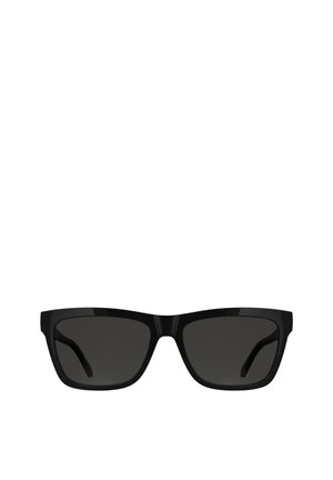 Zwarte zonnebril met rechthoekige vorm, glanzend kunststof montuur, donkere glazen en een slank ontwerp van de pootjes, geschikt voor verschillende gezichtsvormen.