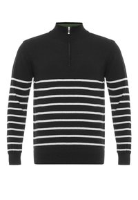 Pullover nero con righe orizzontali bianche, colletto a mezzo zip e polsini e orlo a costine.