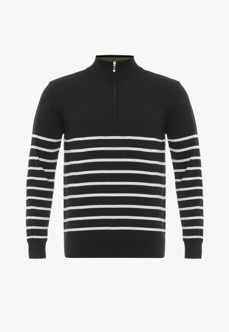 Schwarzer Pullover mit weißen horizontalen Streifen, halbem Reißverschluss-Kragen und gerippten Bündchen und Saum.